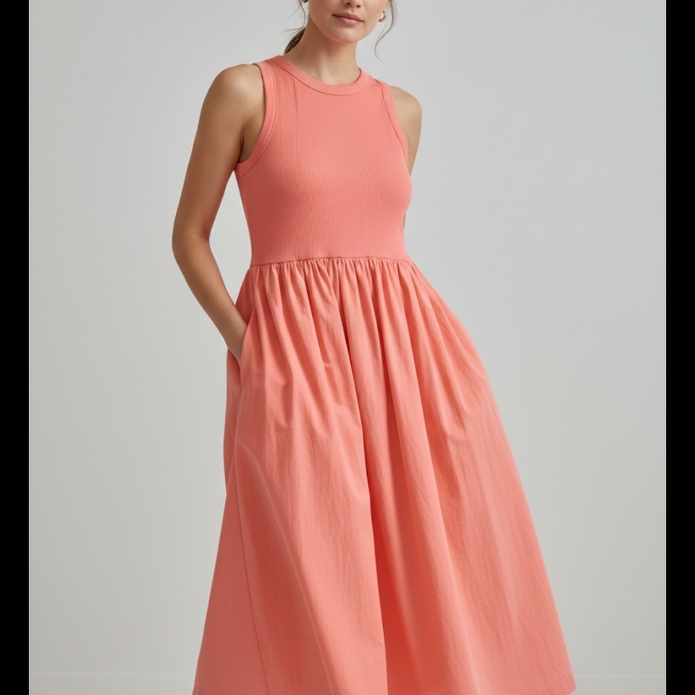 Old Navy Coral Midi Dress - Size XXL - Cotton Skirt and Elastic Top